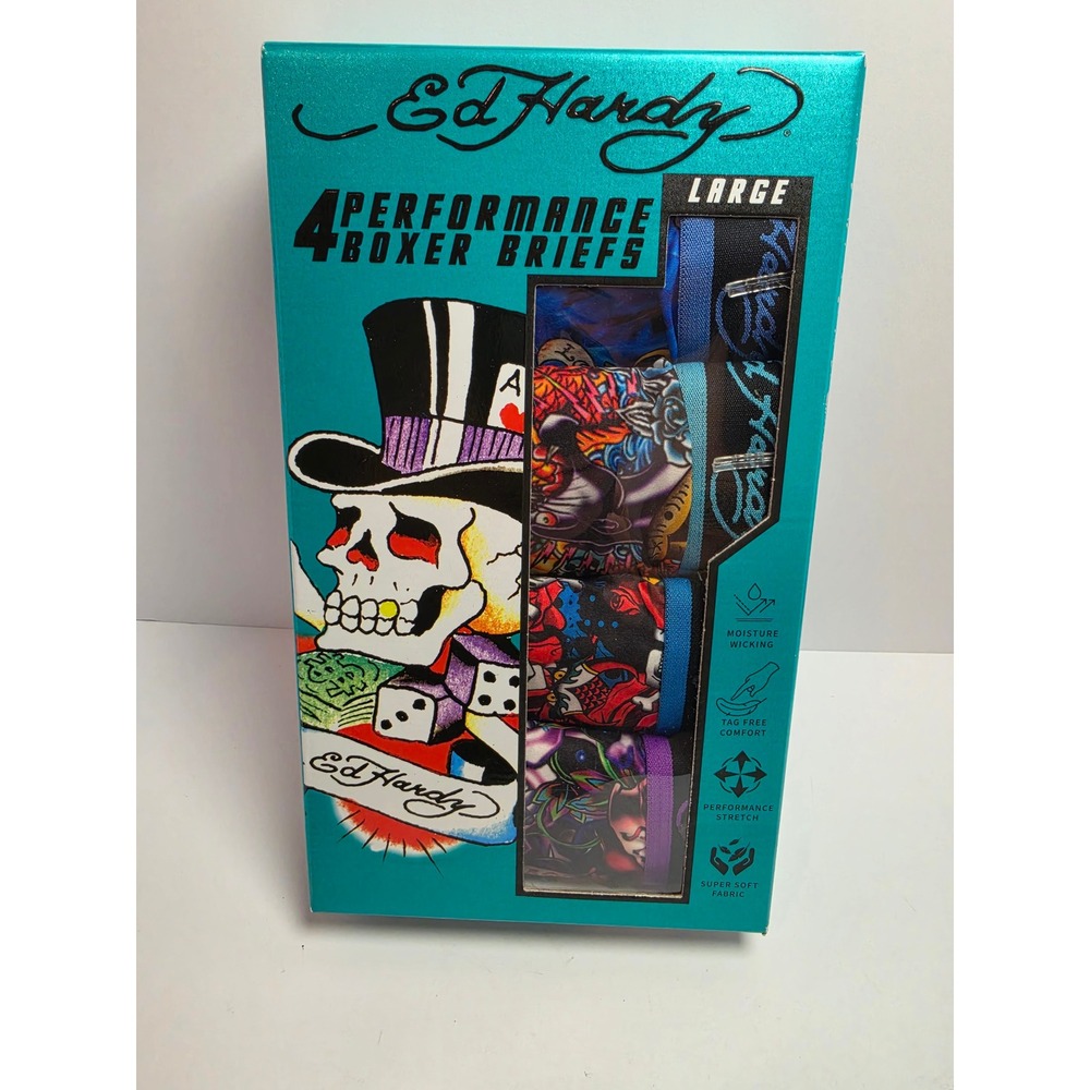Ed Hardy Mens 4 Pack Performance Boxer Briefs Tattoo Skull Print Large